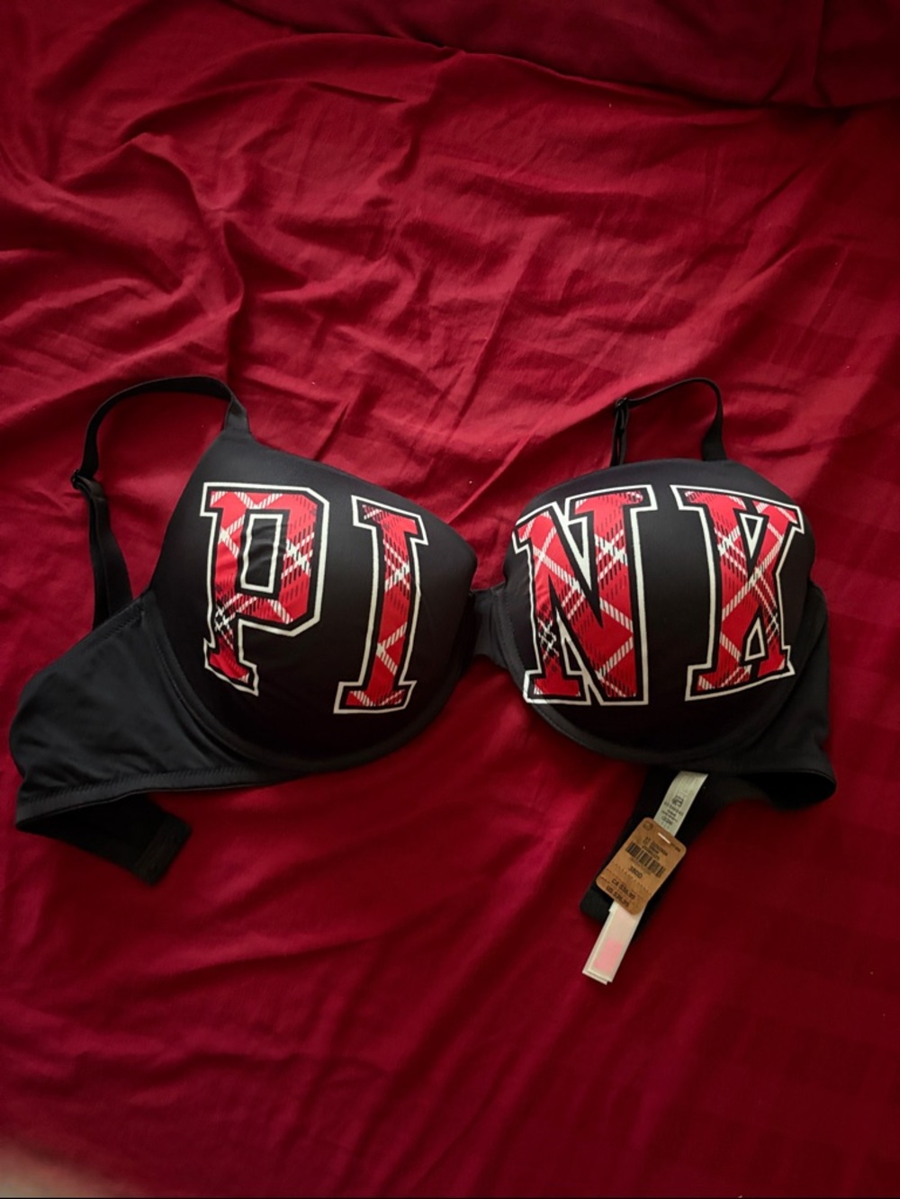 PINK Victoria's Secret Black Bra with Red Plaid 38DD wear everywhere t-shirt